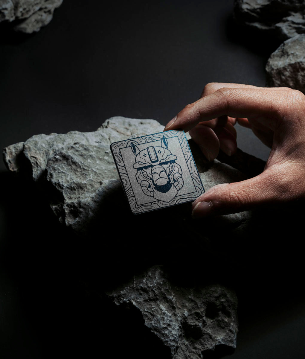 The titanium A16 patch held above a pile of rocks, its cyberpunk alpaca artwork catching the light